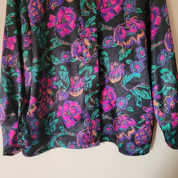 Vintage 80s Oscar De La Renta Dark Floral Satin Long Sleeve Blouse Size 14 - Picture 4 of 8
